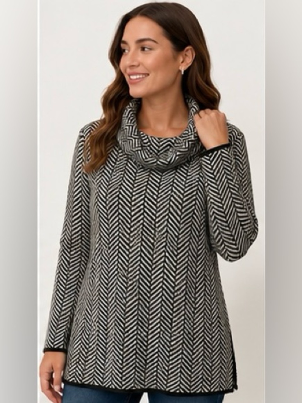 Calvin Klein Chevron Cowl Neck Tunic Sweater | Black & White | Size Medium
